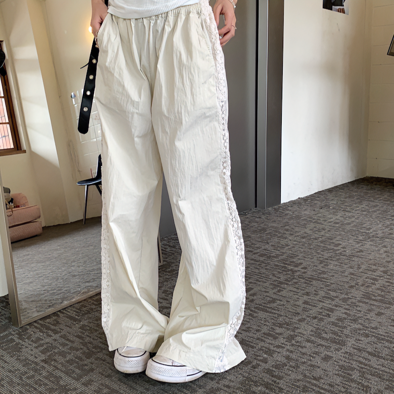 甜美辣妹设计感蕾丝拼接镂空阔腿裤女夏季宽松显瘦垂感直筒长裤子