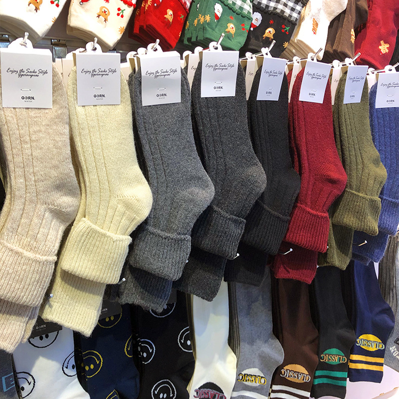 ggorangnae羊毛袜子女韩国加厚保暖毛线袜秋冬季纯色可翻边女中筒