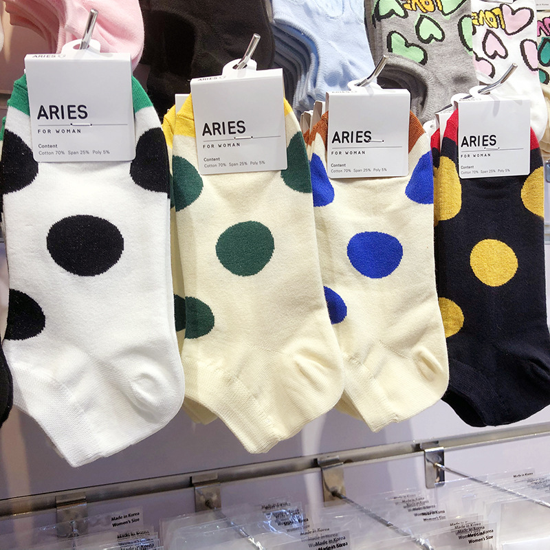 ARIES春夏新款韩国袜子女短袜东大门进口拼色波点短筒袜低腰薄棉