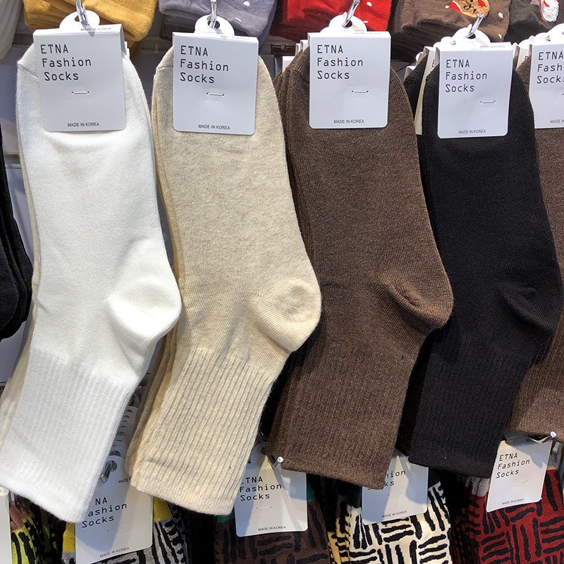 韩国东大门纯色袜子ETNA女短袜日系简约束腰运动女棉袜休闲中筒秋