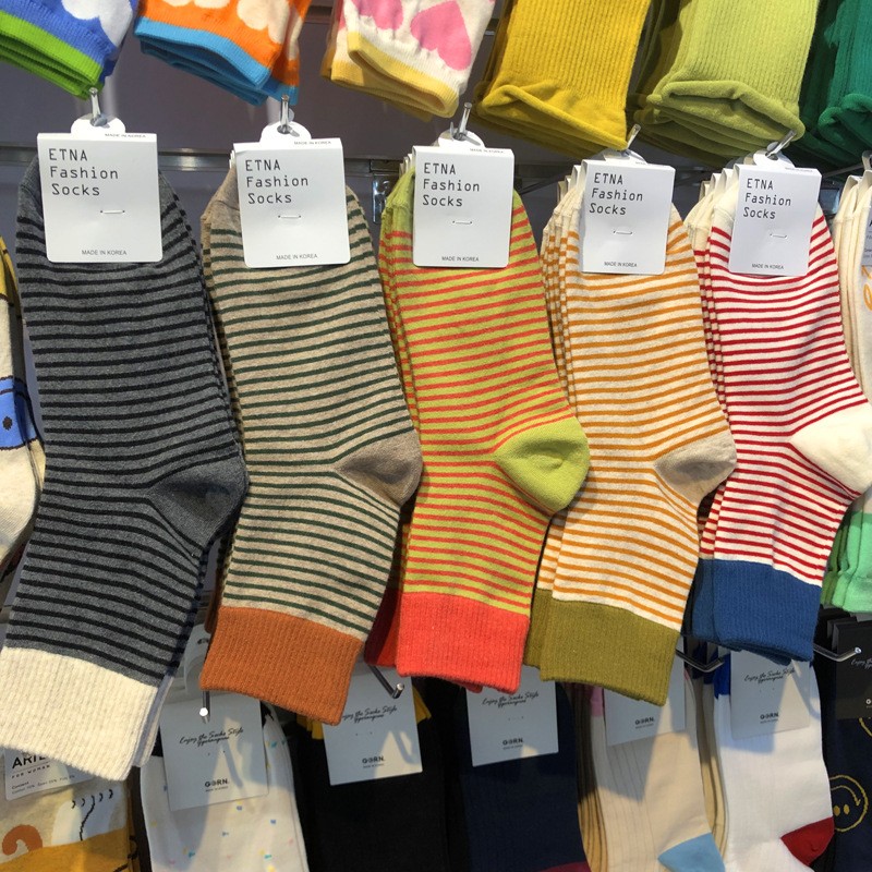 韩国东大门袜子女ETNA复古风拼色跟条纹短袜女生休闲棉袜中筒百搭