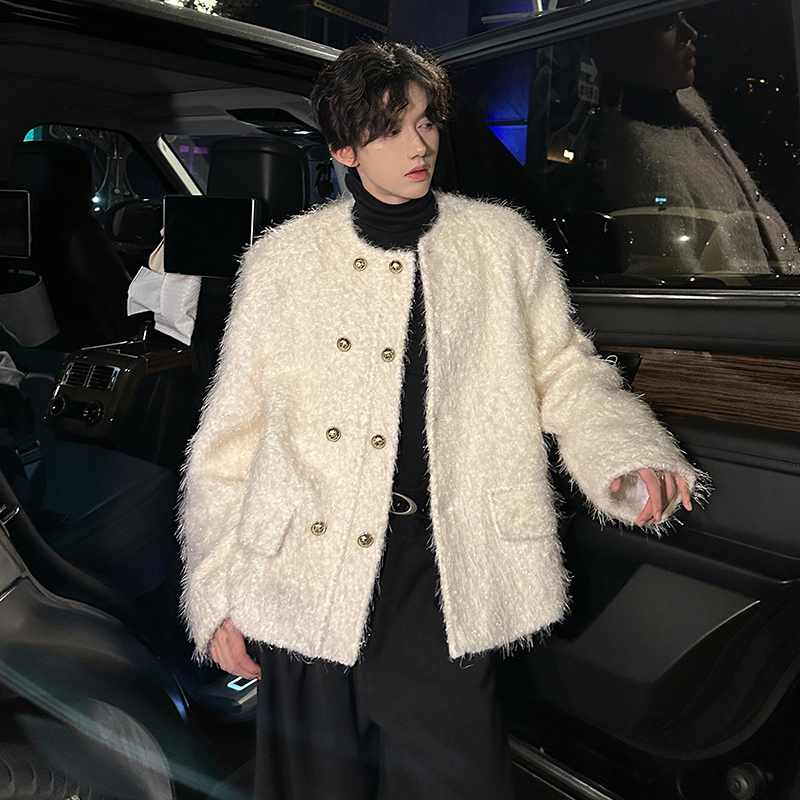 白色小香风毛毛外套男款秋冬高级感休闲西装韩系痞帅短款无领夹克