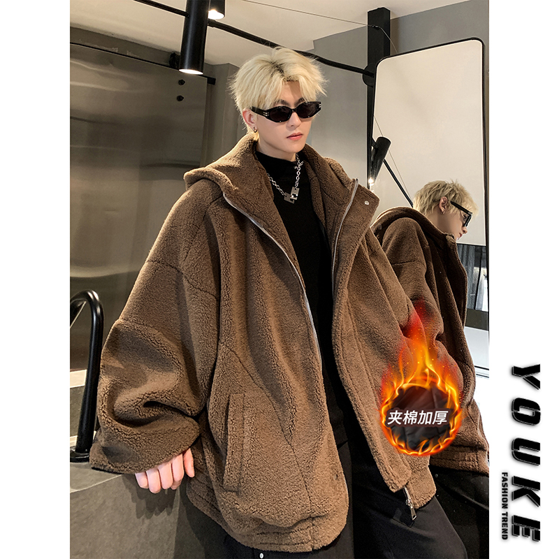 咖啡色羊羔绒棉服男款秋冬季美式复古高级感连帽棉衣加厚保暖外套