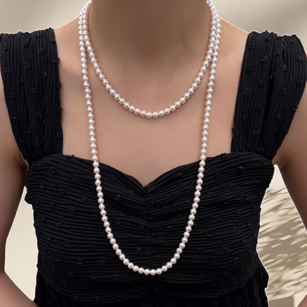 高级长款施家暖白光人造珍珠多层叠戴旗袍项链秋冬时尚气质毛衣链