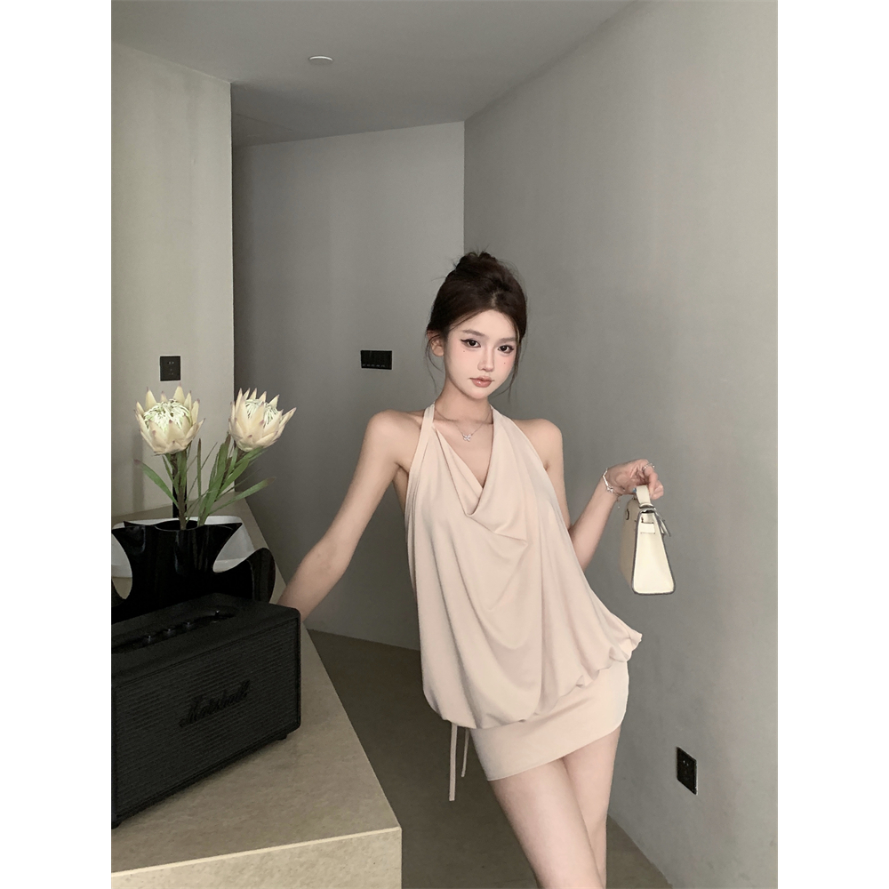 名媛荡领挂脖吊带背心女外穿夏季泰式纯欲甜辣妹抹胸上衣法式绝美