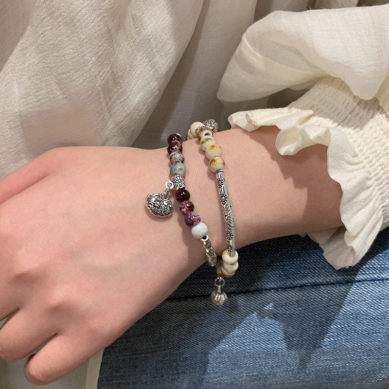 复古h珀石平安锁手链女轻奢小众精致串珠手镯新中式情侣闺蜜手串