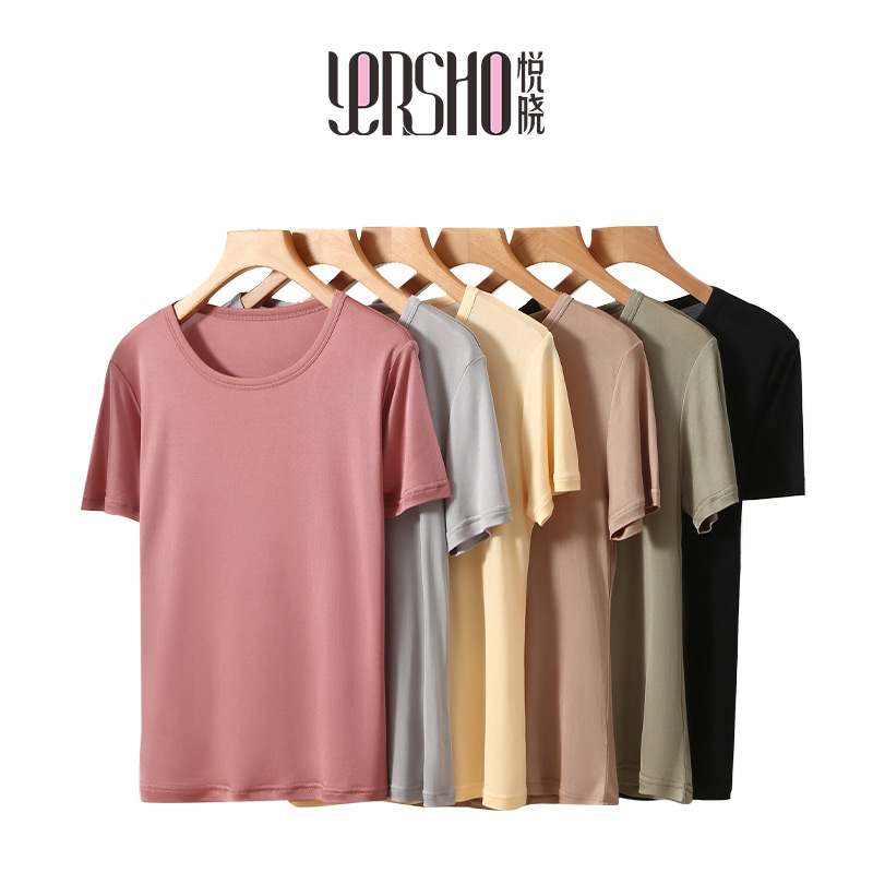 YERSHO 【胡老师推荐】夏季圆领垂感醋酸桑蚕丝T恤女纯色短袖2396