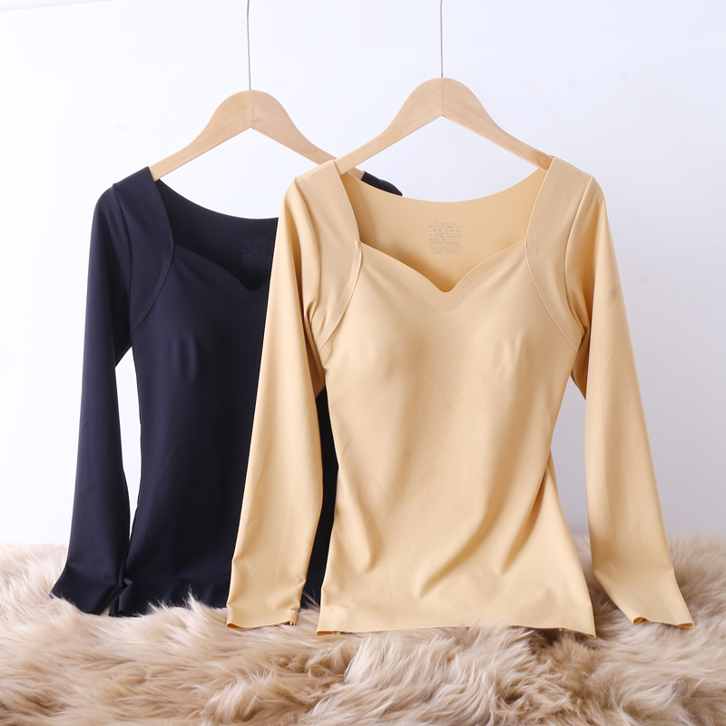 无痕带胸上衣长袖V领聚拢美体热皮肌底衣保暖内衣女秋衣打底衫