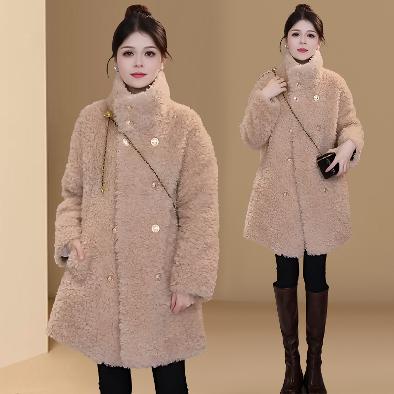 2025秋冬季新款立领加厚小个子皮毛一体外套女中长款气质减龄大衣