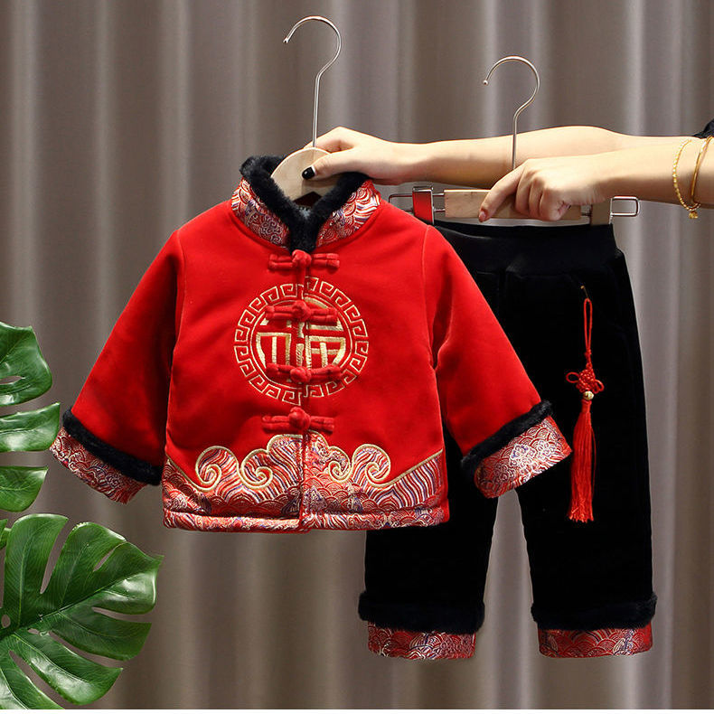 拜年服男宝宝儿童唐装冬季两件套加绒加厚新年装百天