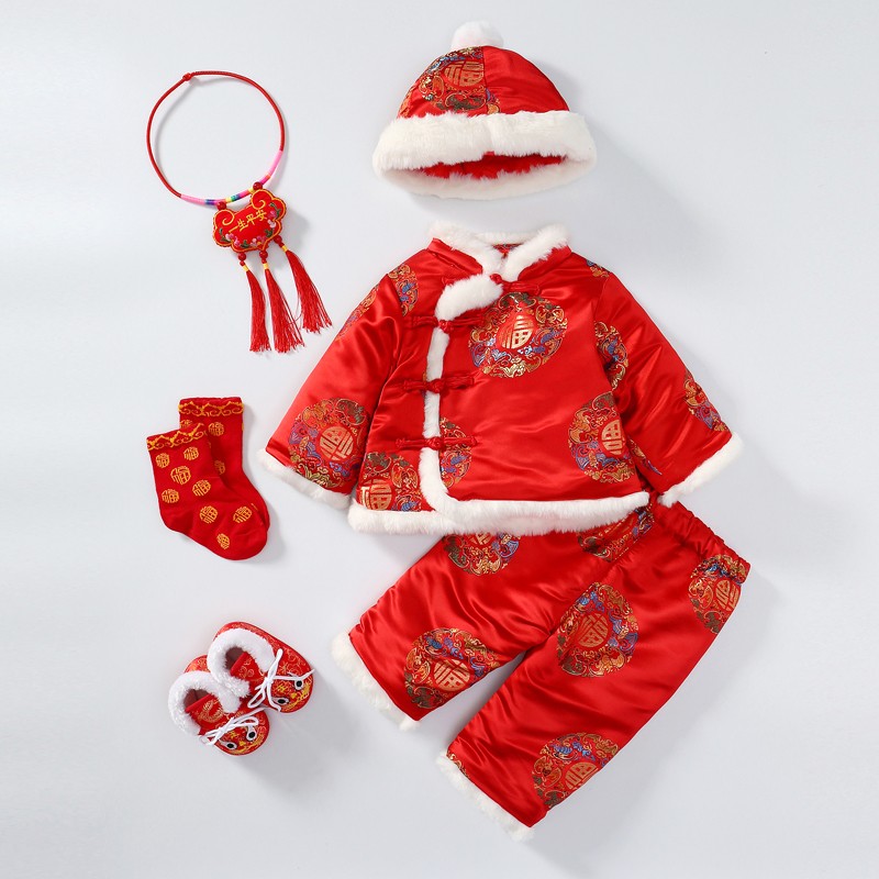 唐装男童中国风套装拜年服女童周岁礼服过年新年装  五福团织锦