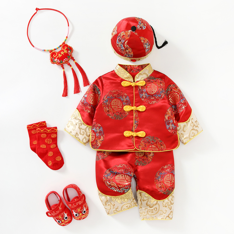 宝宝周岁礼服男唐装春秋婴儿满月服女宝宝周岁宴礼服中国风套装 