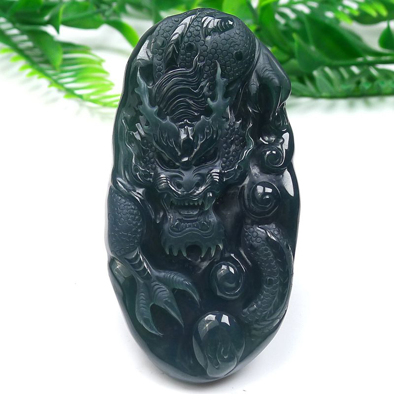 天然A货翡翠纯手工老蓝水霸气龙牌吊坠生意兴隆尺寸73.8-40-12mm