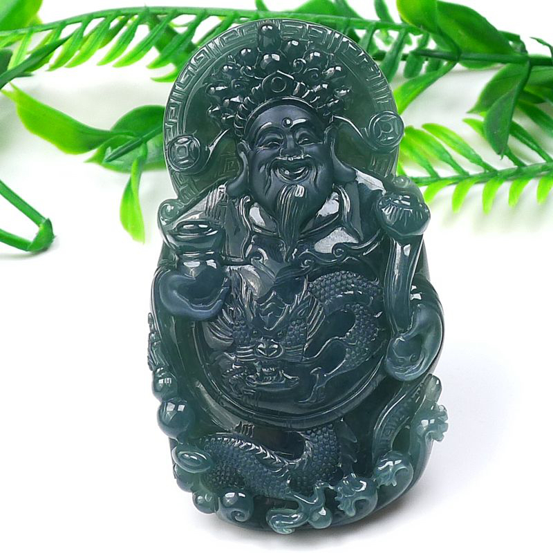 天然A货翡翠精雕老蓝水招财财神爷挂件财源广进尺寸:80.5-46-11mm