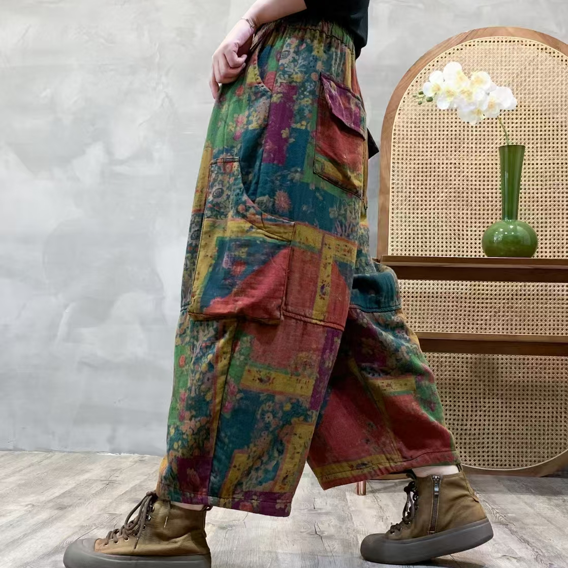 高密斜纹双层纱砂洗百家布宽松松紧腰多袋拼接工装裤多袋裤休闲裤