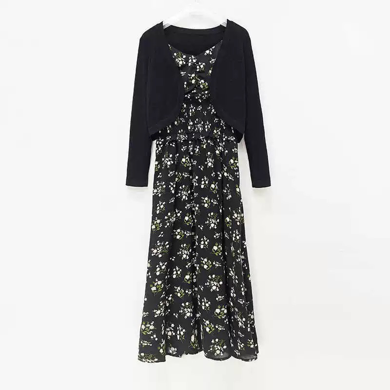 [W915黑碎花两件套裙]显瘦休闲时尚蕾丝长袖