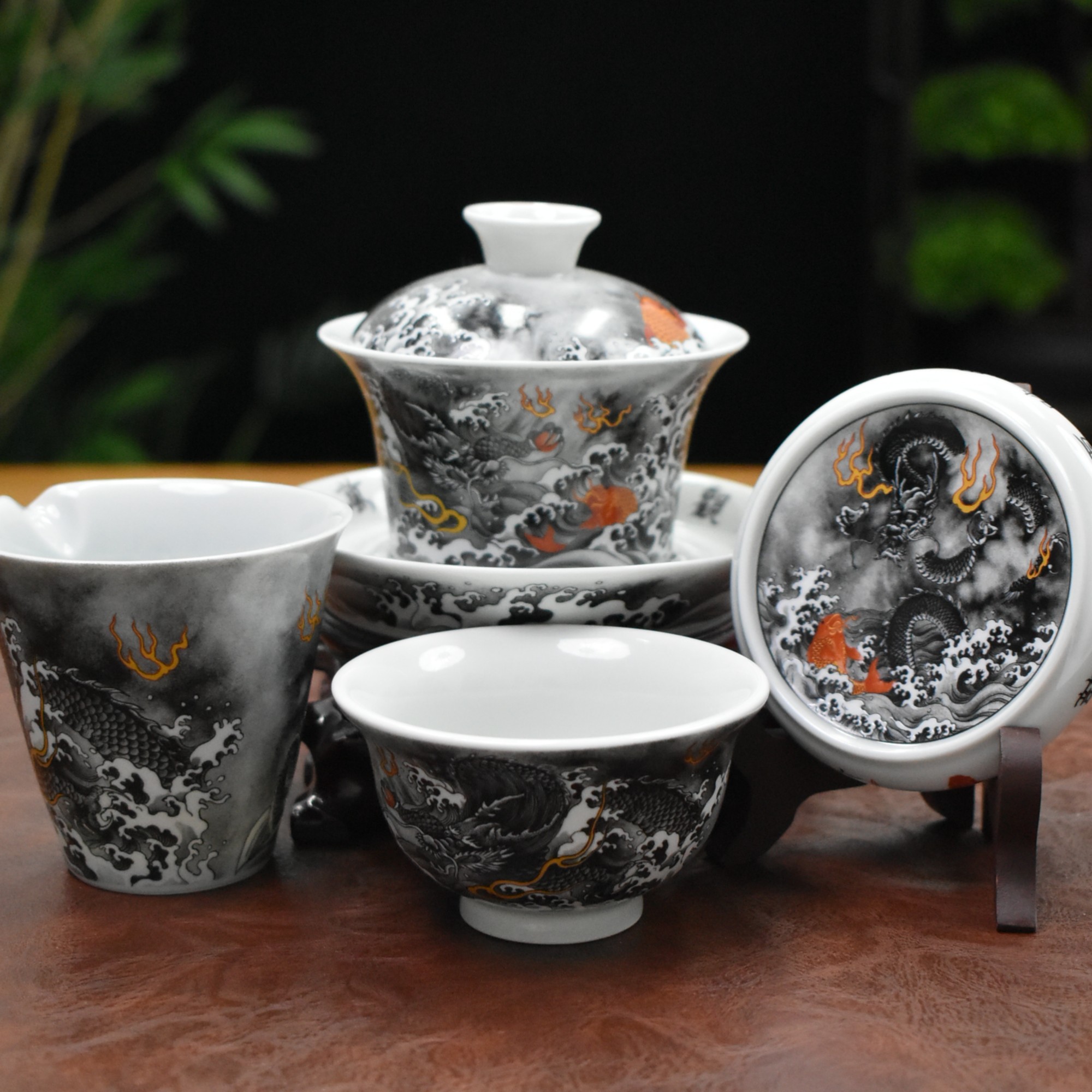 【四件套】景德镇茶具墨彩鱼化龙仿古泥釉上彩套组高档茶具青花瓷器