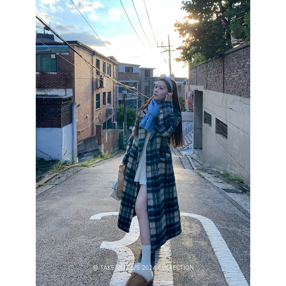 外卖到了【布鲁士格调】格纹毛呢大衣中长款毛呢外套-WM4ISW16