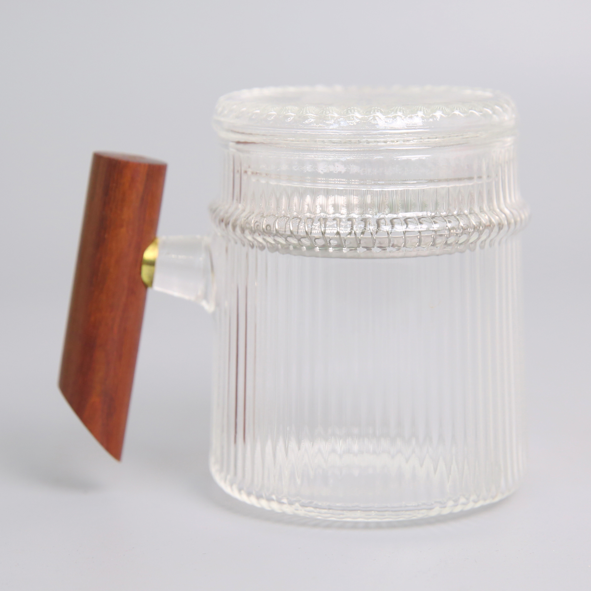 文新竖纹玻璃杯杯子条纹家用带盖锤纹300毫升