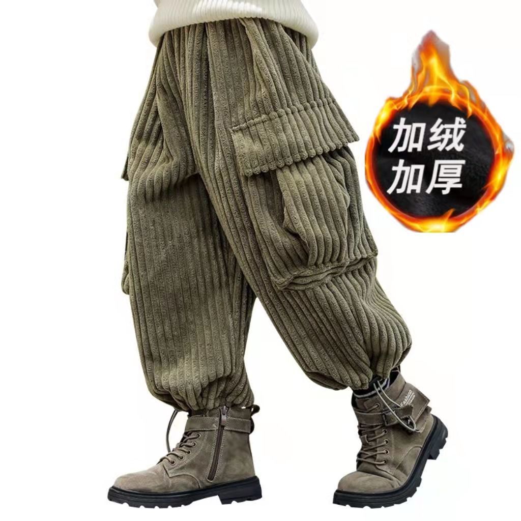 男童灯芯绒裤子秋冬款中大童冬季加厚长裤2023新款儿童加绒工装裤