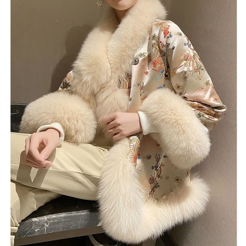 秋冬季汉服气质时尚外套女毛毛中国风棉袄中式大花唐装年轻款