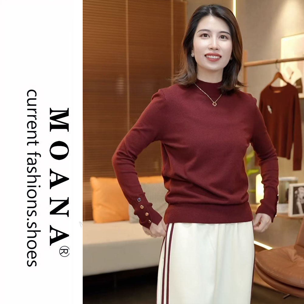 2025年秋冬显瘦保暖内搭简约袖口纽扣半高领针织衫女毛衣打底衫