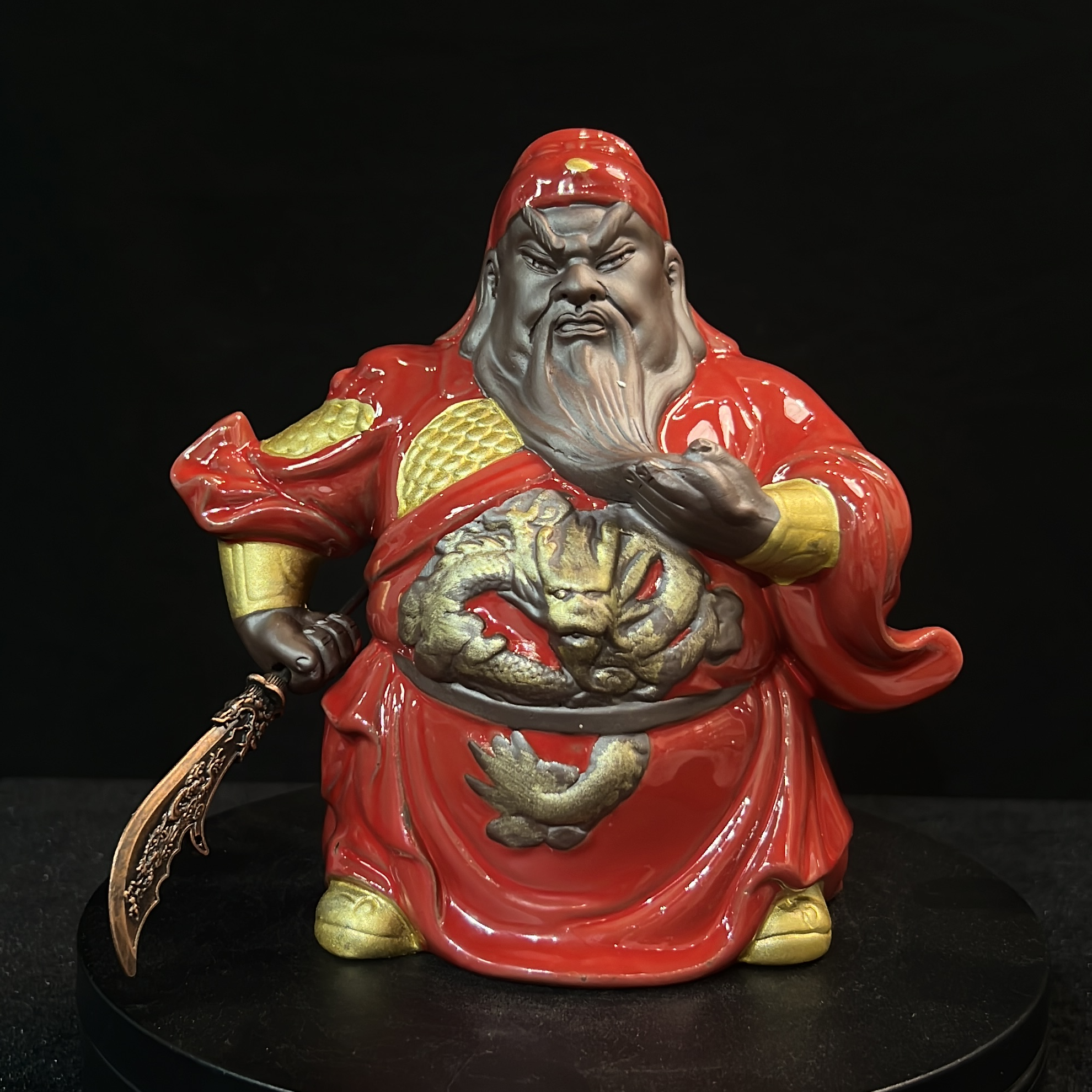 紫砂彩纱关公茶桌玄关架子茶宠摆件