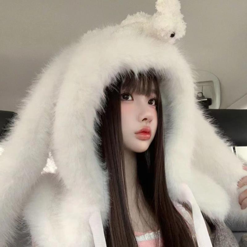 人造皮草可拆卸玩偶邦妮兔毛绒帽子围脖一体冬季女保暖棕色熊熊帽