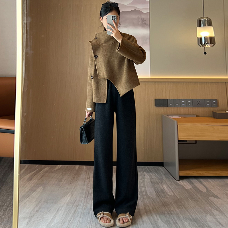 （毛呢阔腿裤女）秋冬羊毛混纺高腰显瘦宽松休闲百搭窄版直筒裤