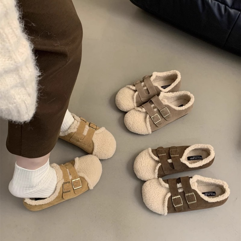 羊羔毛毛鞋女外穿新款韩版仙女风平底丑萌冬季豆豆鞋女冬加绒棉鞋