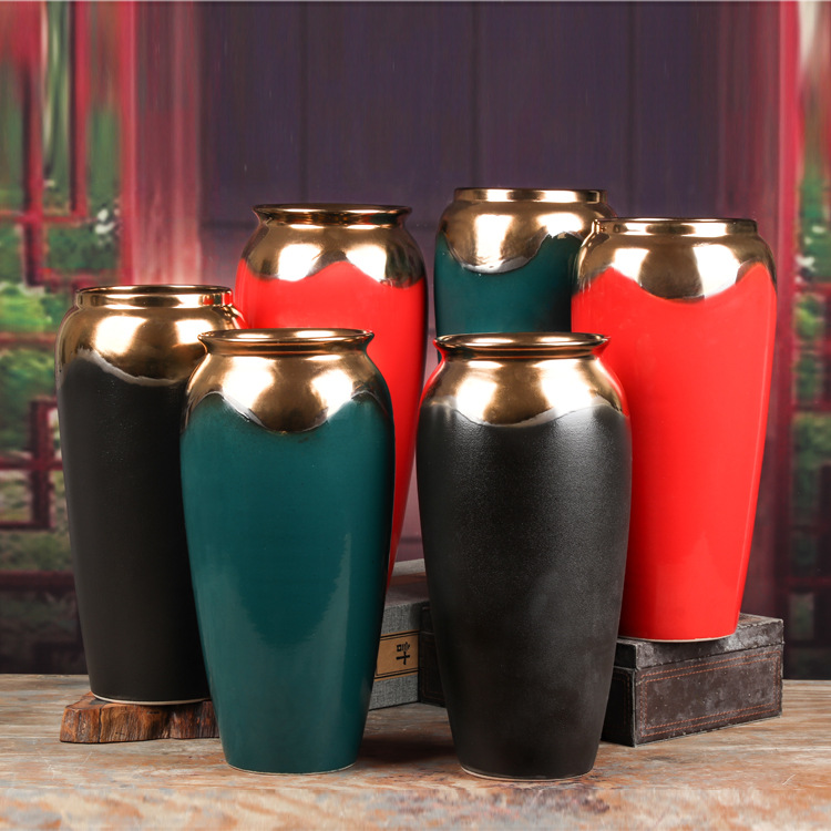 中国红花瓶轻奢黄金萝卜花瓶景德镇陶瓷花瓶家居装饰品摆件金属色