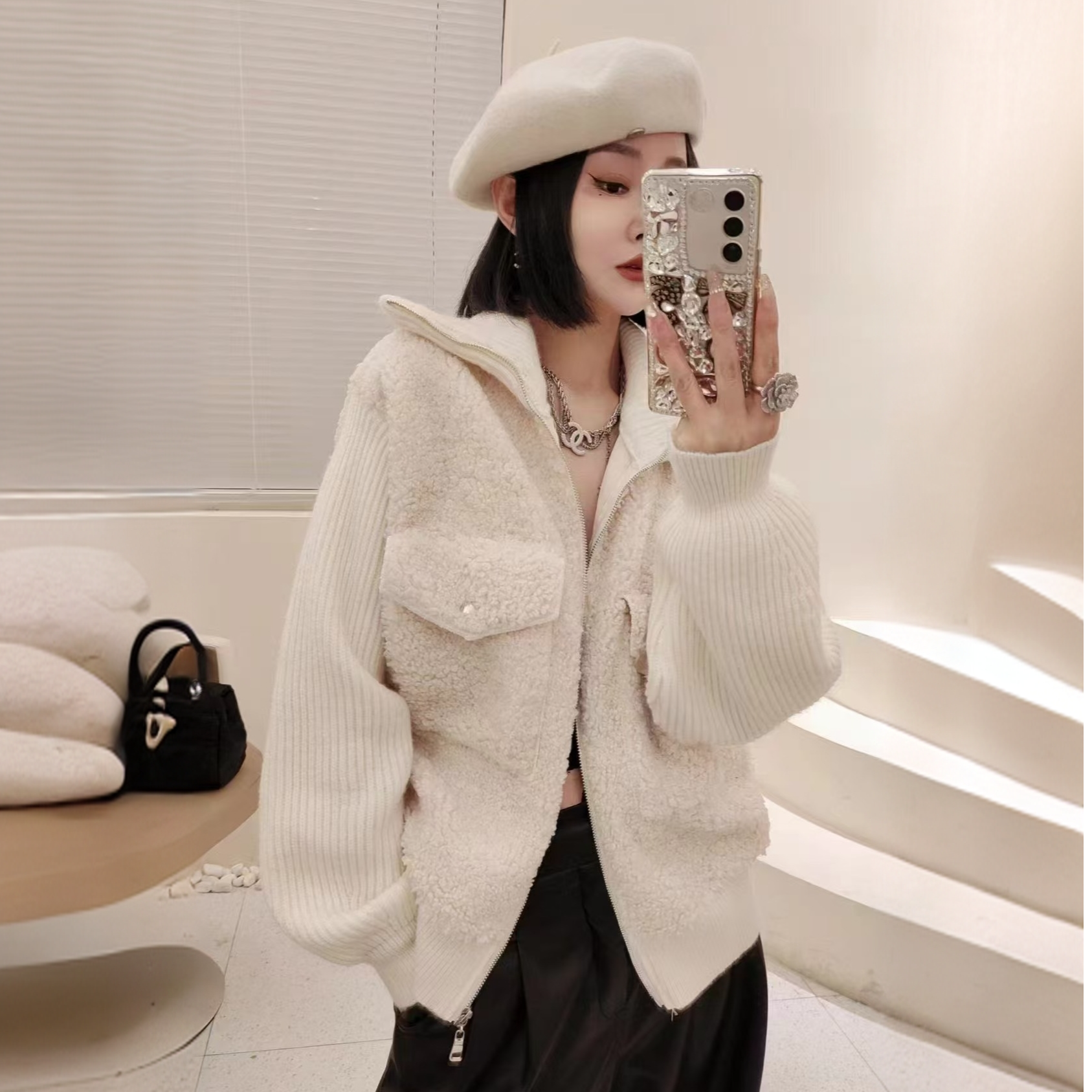 （猪猪霞）羊羔针织外套拉链风衣女秋冬