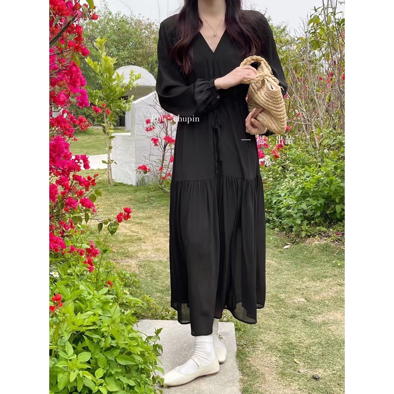 【榀家长裙1米26】｛纯色·爱｝长袖法式V领减龄高级显瘦气质连衣裙
