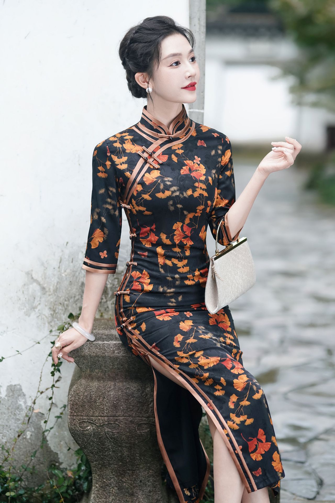 【黑色银杏叶】新款中国风修身复古优雅大方长款旗袍