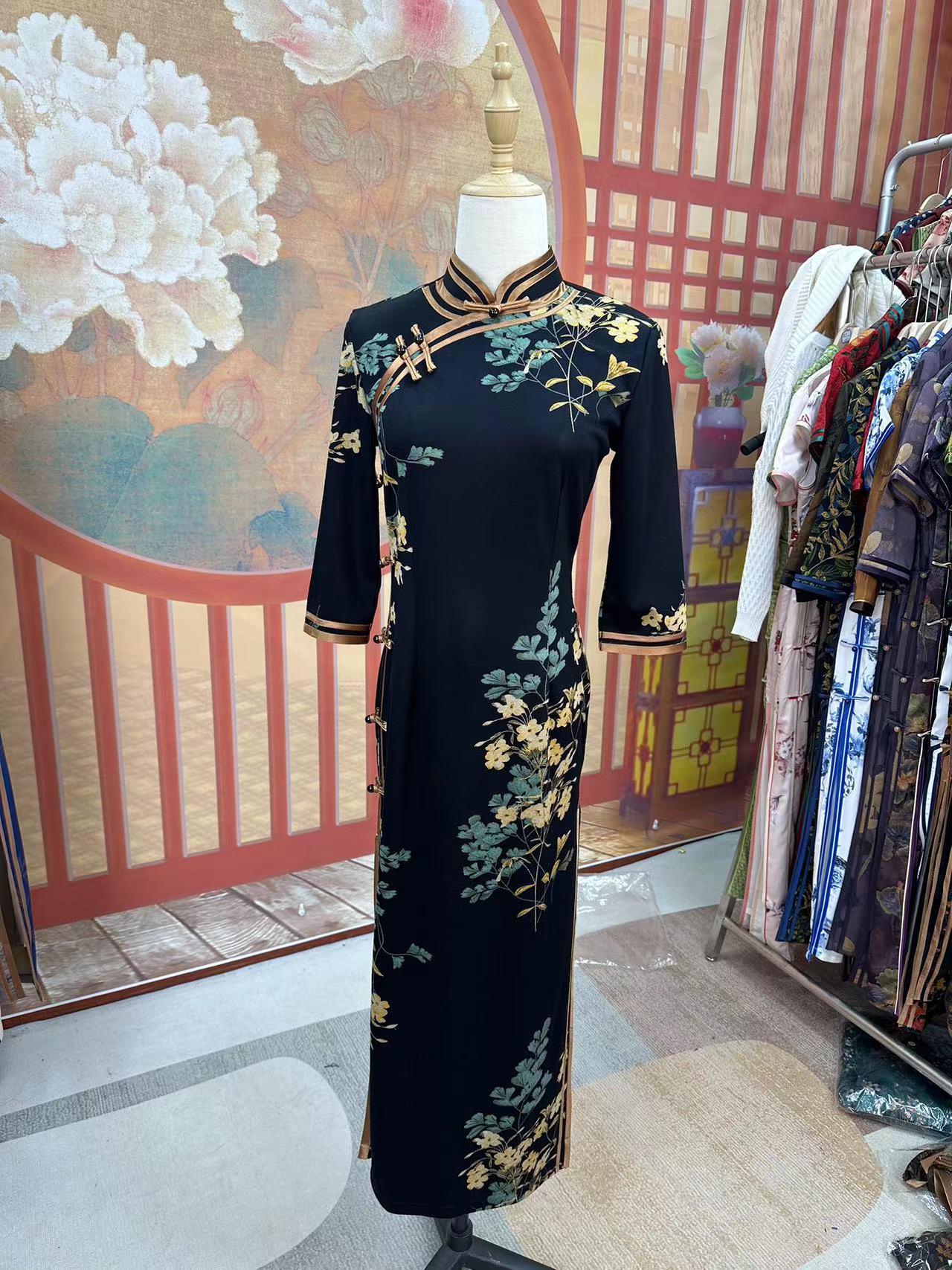 【黑底黄花】新款中国风修身复古优雅大方长款旗袍