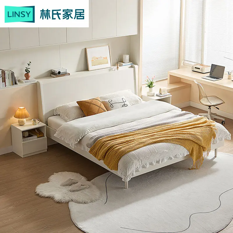 林氏家居主卧奶油风白色实木脚床小户型板式床1米5储物床MI4A ZH