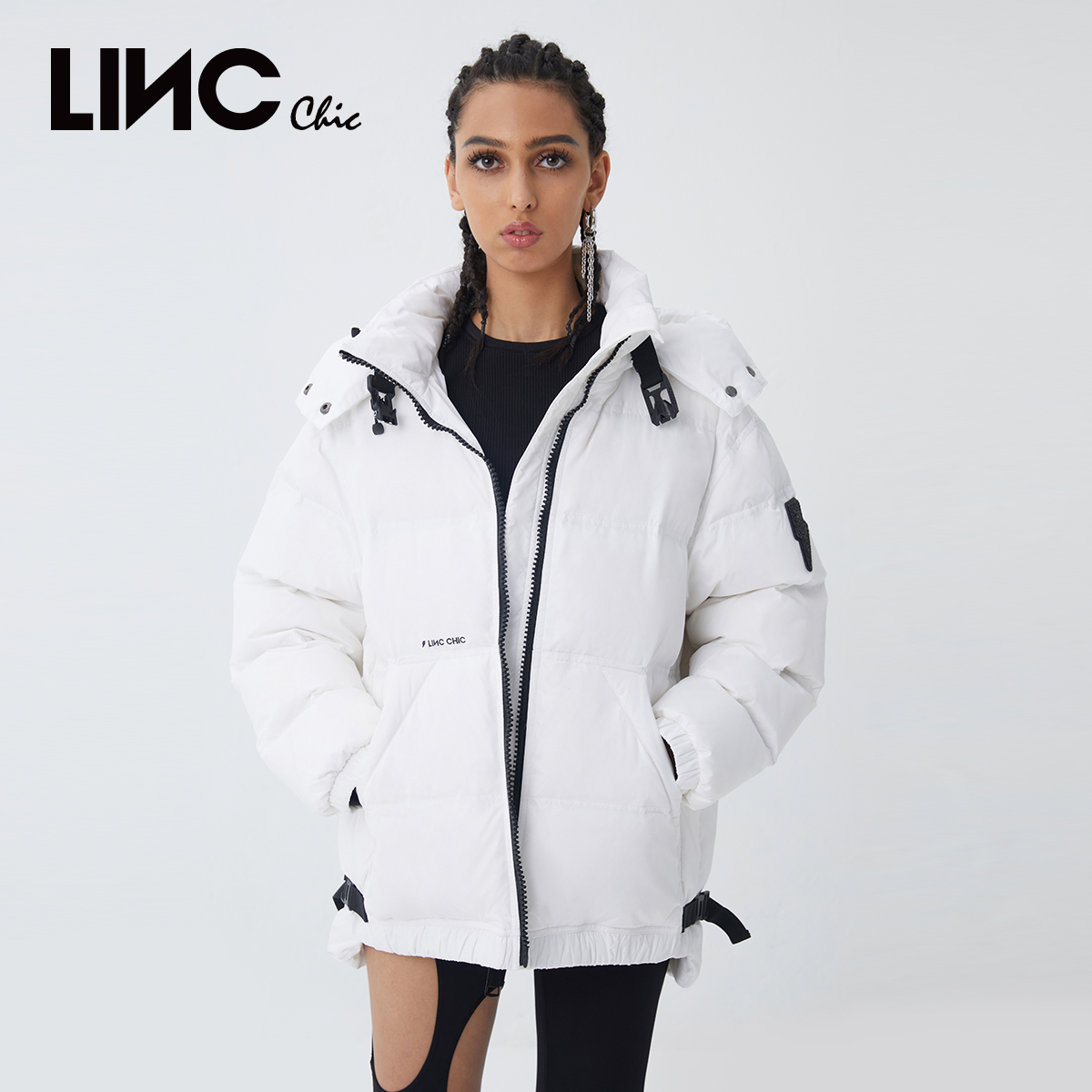 LINC金羽杰机能感闪电短款连帽冬季红色羽绒服户外女冬Y21802205