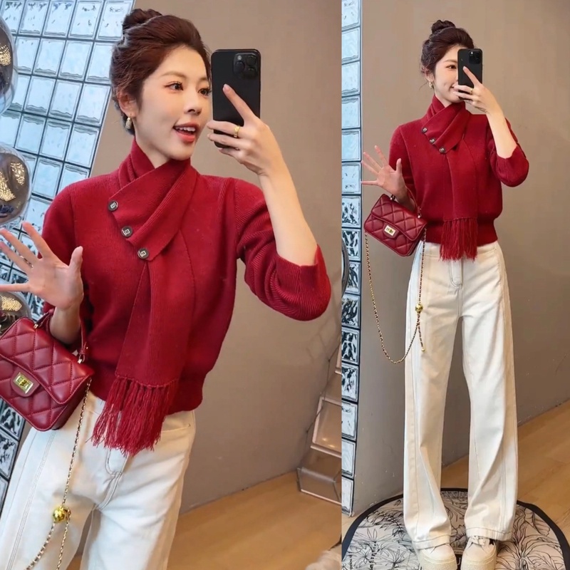 秋季流苏围巾领小众外套针织衫+筒宽松阔腿高腰显瘦设计款牛仔裤