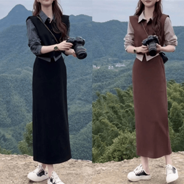 2024秋季新款气质高级显瘦假两件条纹衬衫半身裙两件套