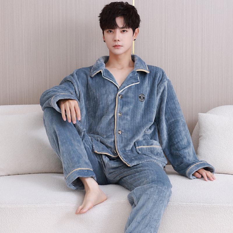 法兰绒加厚保暖男士睡衣加绒珊瑚绒开衫大码中青年可外穿家居服新