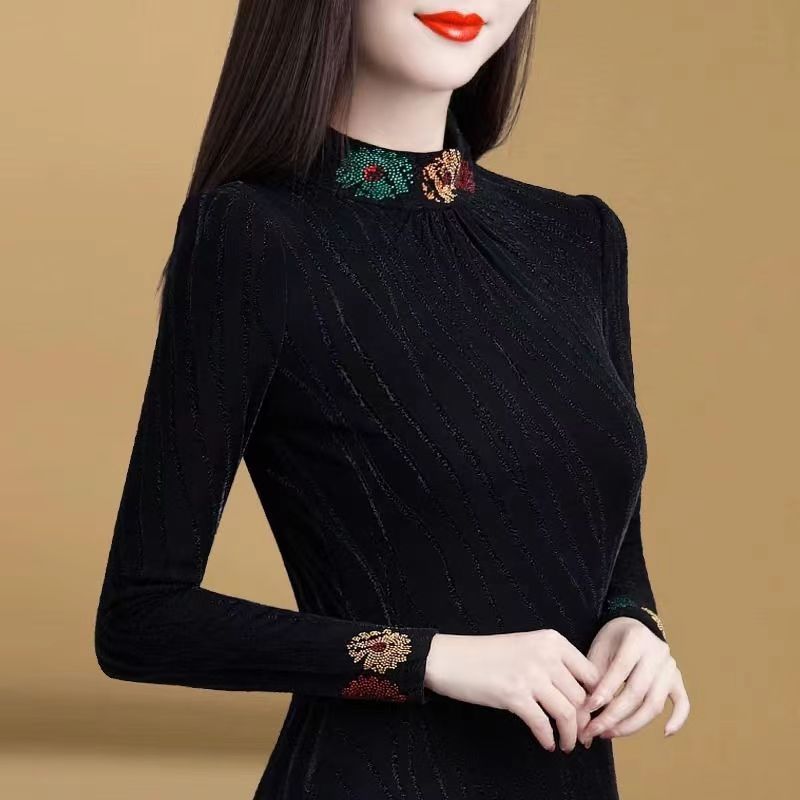 蕾丝加绒打底衫女新款2023秋冬高级感半高领显瘦减龄上衣洋气小衫