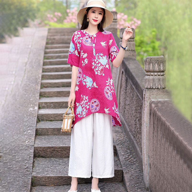 复古印花阔腿裤套装两件套女夏季新款中国风民族服装显瘦薄款时尚