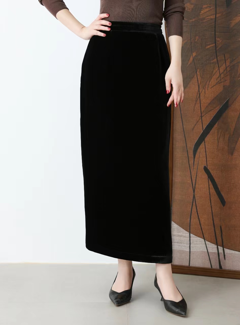 【京华苏艺】香云纱时尚气质丝绒半身裙-68498