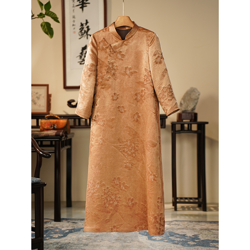 【京华苏艺】金棕色双面提花香云纱桑蚕丝袍子连衣裙-68500