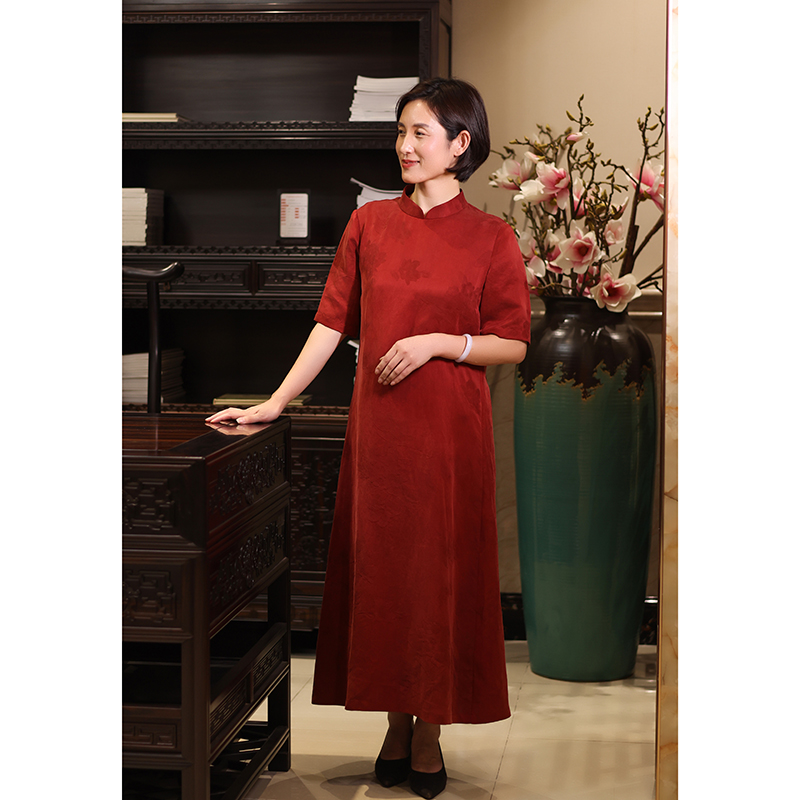 【京华苏艺】香云纱女士新中式提花小立领气质连衣裙五分袖68490