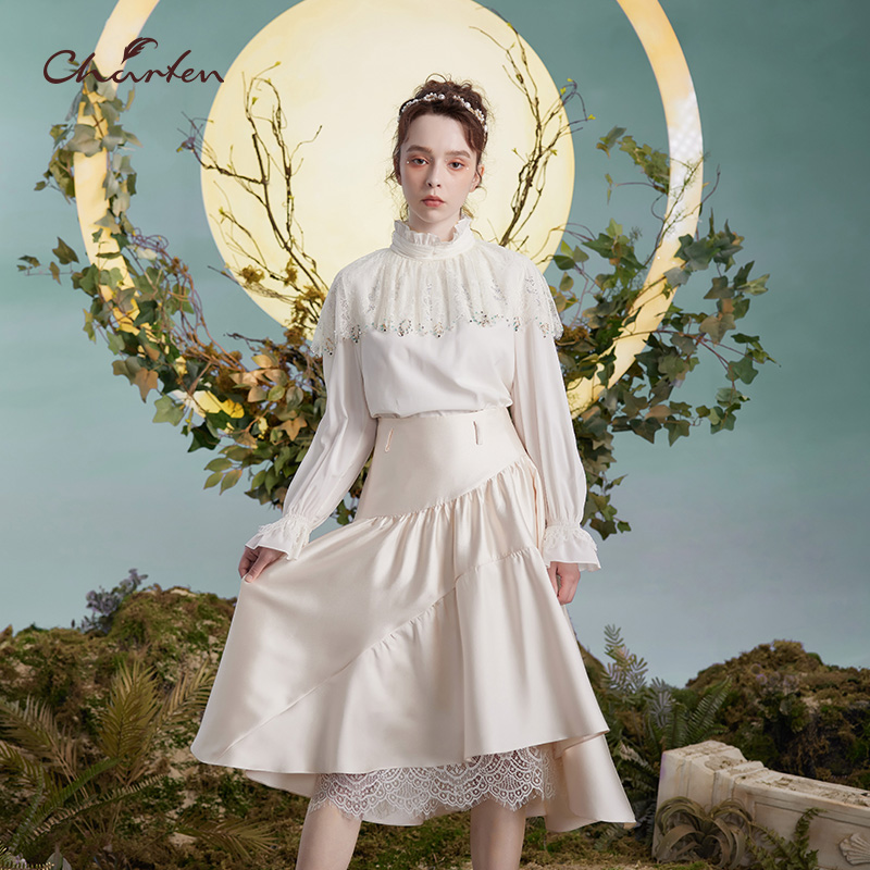 【诗诗专享】朝峰CHARFEN仙气蕾丝立领白色长袖衬衣CFD3B050-0078T