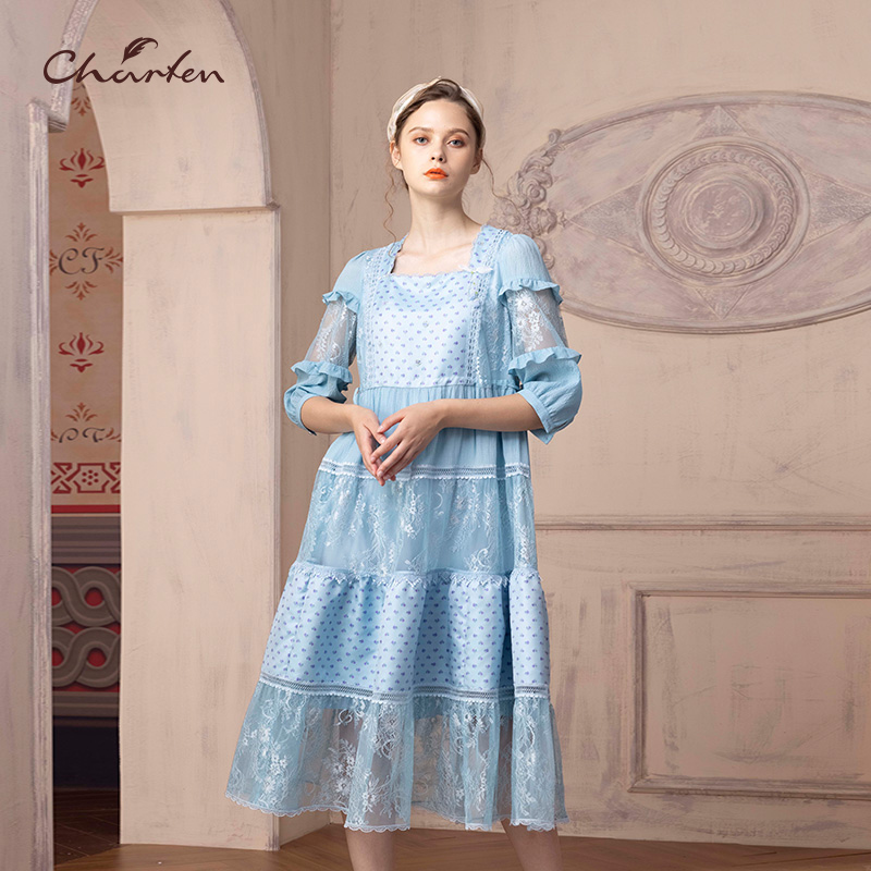 【虎哥专享】朝峰春季新款蕾丝拼接方领连衣裙CFD1C368-3097G