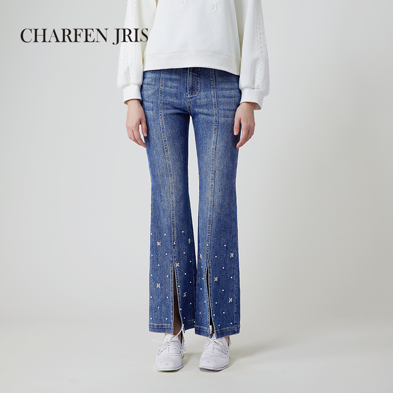 【达人专享】朝峰高腰复古金属链条微喇牛仔裤FJE3B615-6020P