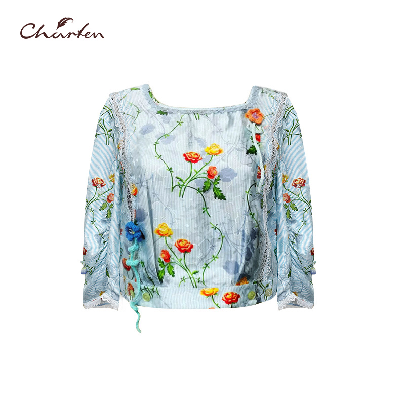 【媛媛专享】朝峰方领蕾丝拼接七分袖衬衣女CFD1C330-3132T