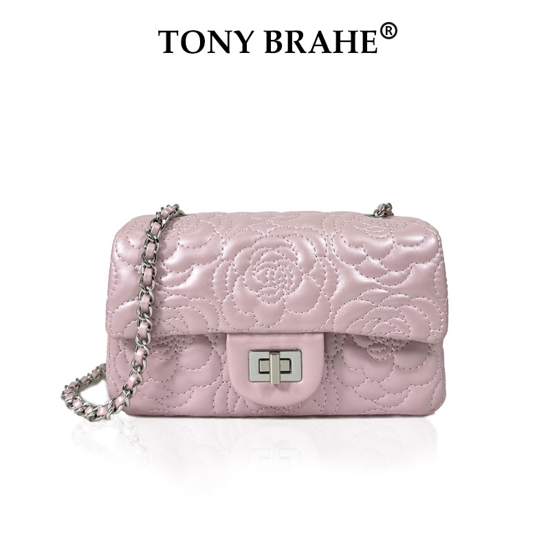 『樱花粉』山茶花小香风绣线链条百搭单肩斜挎包